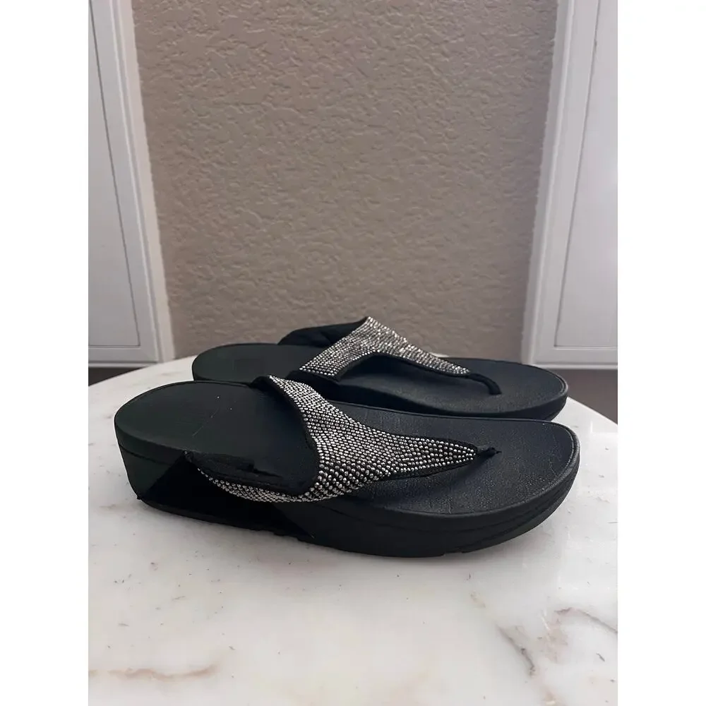 Fitflop Women’s Black Rhinestone Sandals 6 Platform Thong Metallic Lightweight